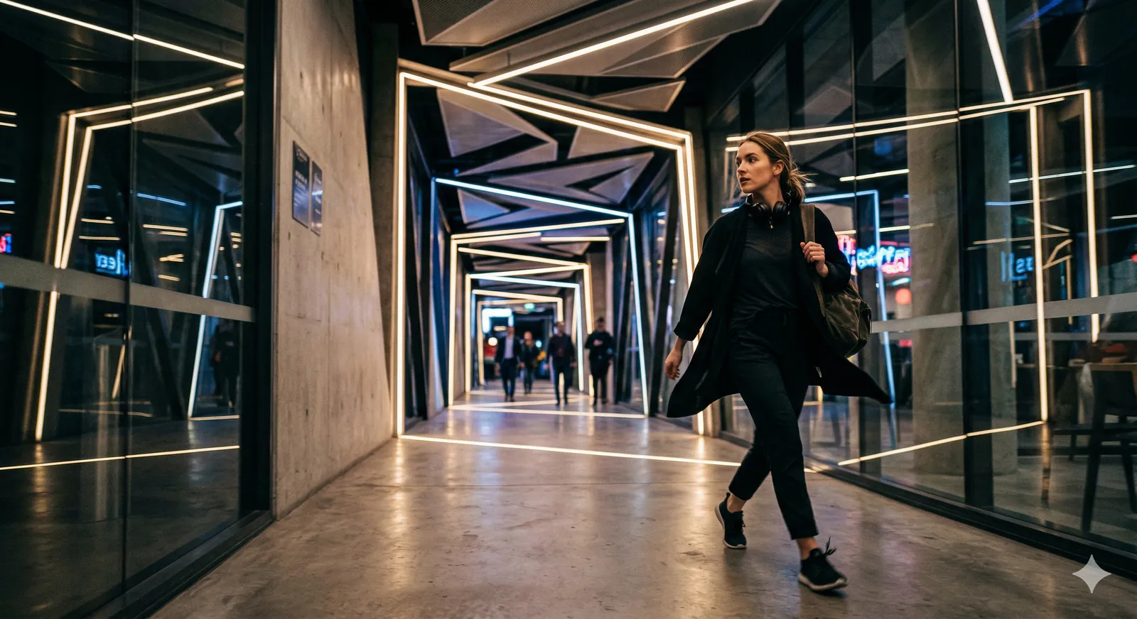 Professionnelle marchant dans un couloir au design néon